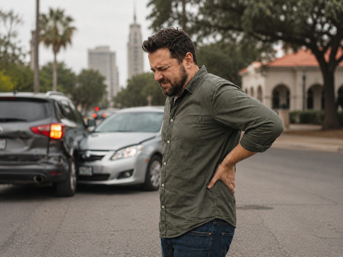 Injured person holding their lower back after a car accident in San Antonio, Texas